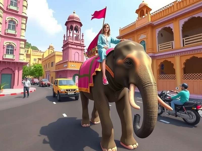 Pink City Elephant Ride game screenshot showing elephant in Jaipur streets